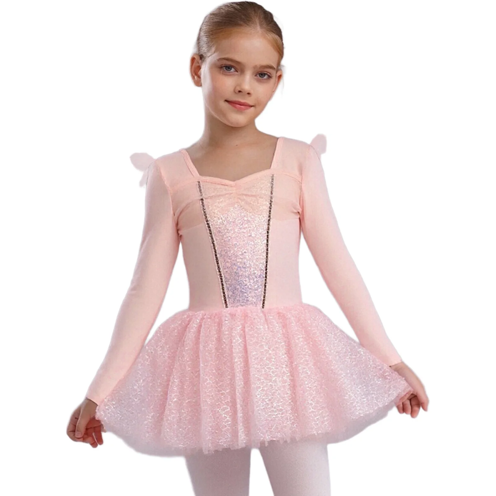 キッズガールズバレエダンス体操スケートドレス長袖光沢のあるスパンコールシアーメッシュ魚鱗チュールチュチュレオタードダンスウェア