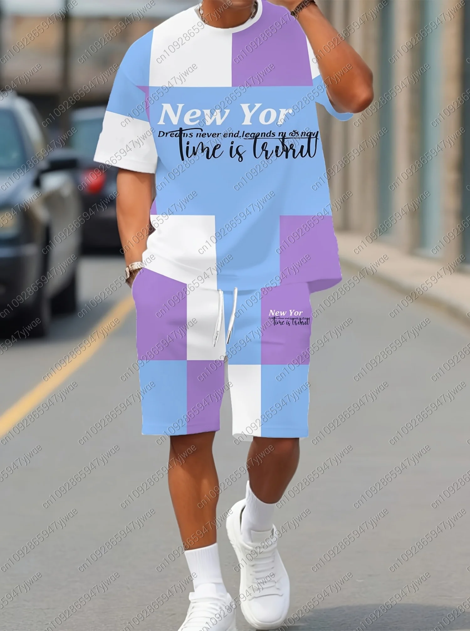 2026 Summer  Men 2pcs Set Mens Trendy Color Block  T-Shirt Shorts Set Adult men Jogging Plus Size Tracksuit 2 Piece Set