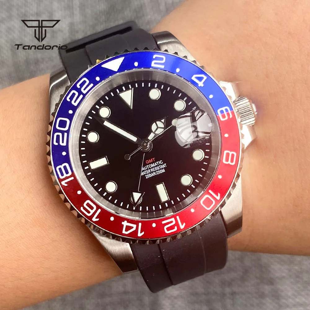 

Tandorio 200m Automatic Men Dive Watch NH34A GMT Movement Rotating Bezel Sapphire Glass Blue/Red Alloy Bezel Black Sterile Dial