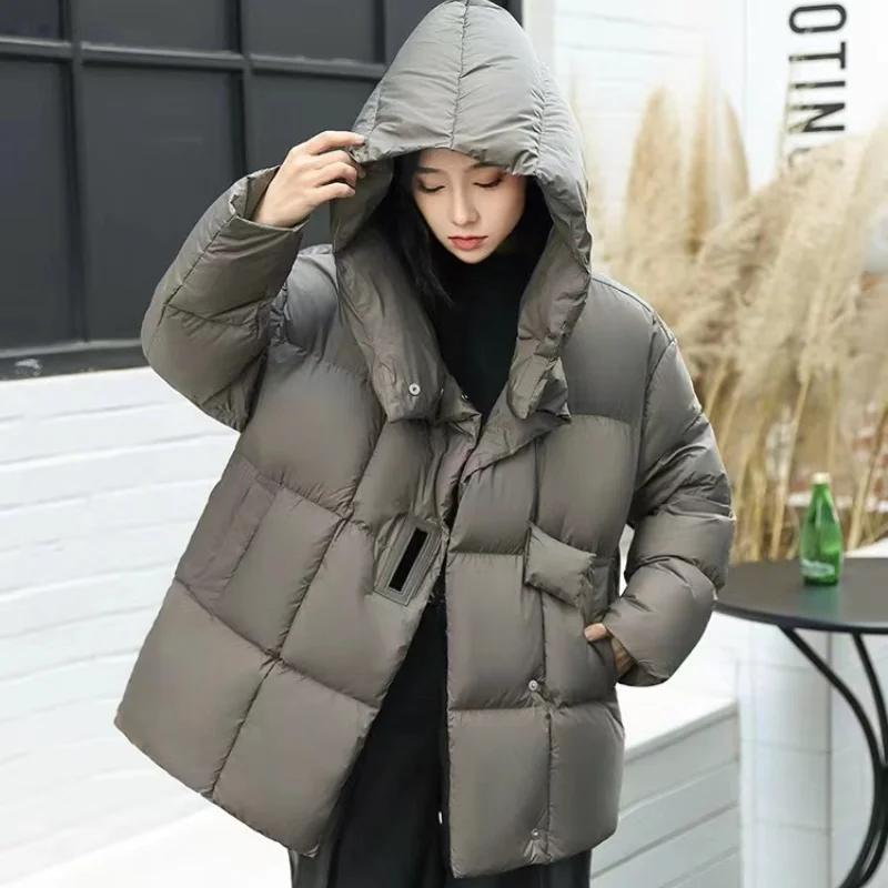 Women\'s Winter Coats New Fashion Collar and Hood Down Jacket 90% White Duck Down Mid-Length Thick Warm Loose Casual Puffer Coat