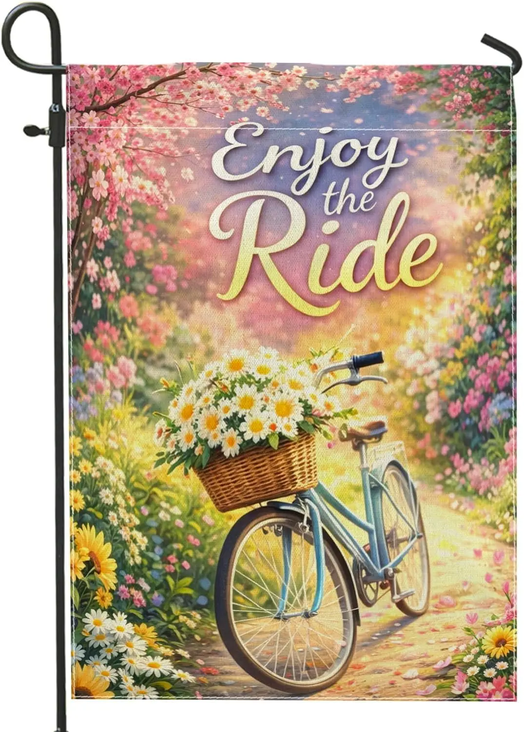 Bike Garden Flag, Spring Nature Daisies Basket Spring Yellow Double Sided Burlap Decorative Outside Flags for Outdoor Lawn F ZZM