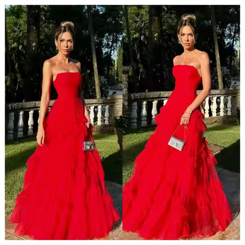 Customized Modern Red Tulle Evening Dress Fashion Strapless Sleeveless Prom Dress Delicate A-Line Floor Length Celebri