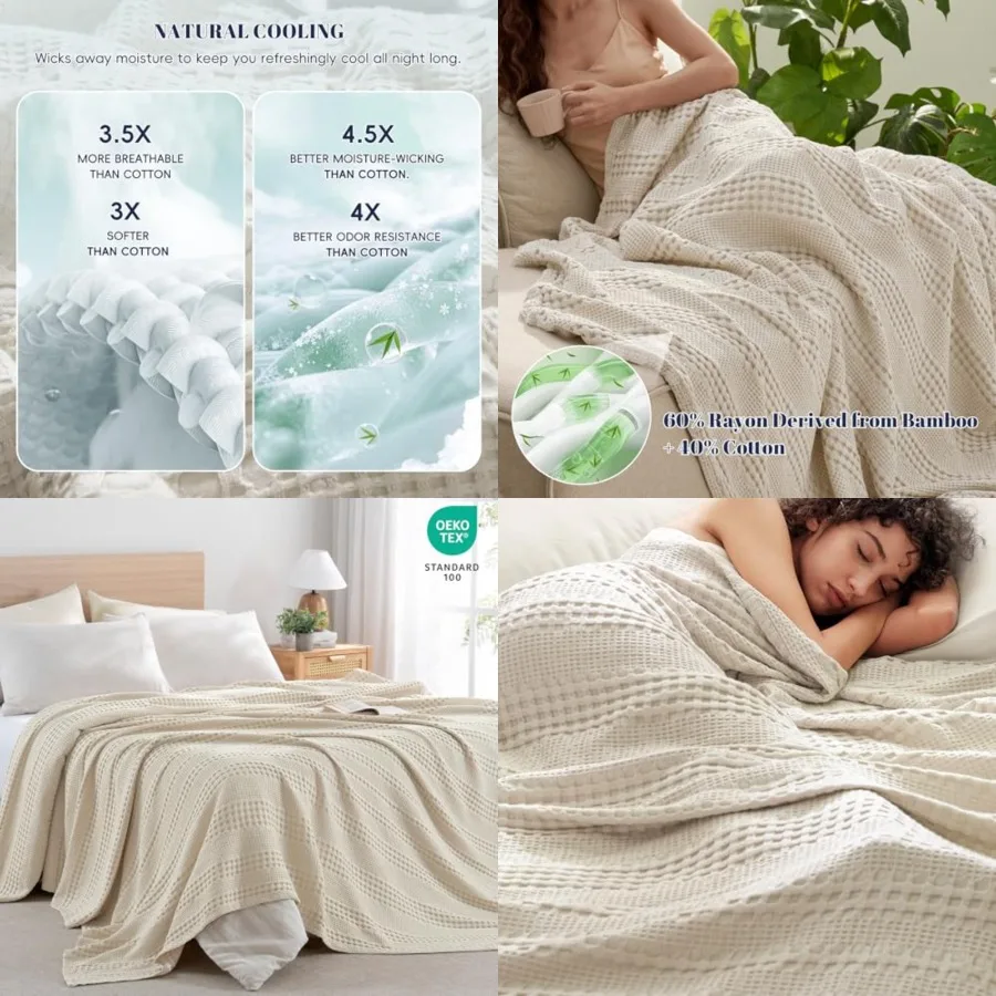 

Cooling Waffle Blanket Queen Size, Lightweight 60 Rayon from Bamboo 40 Cotton Breathable Blanket for Hot Sleepers, Summer Use,