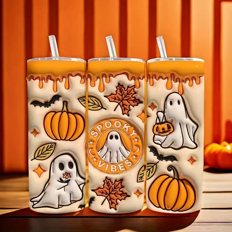 1pc 20oz Halloween Stainless Steel Roller Water Cup With Lid Double Wall Vacuum Insulated Travel Cup Spooky Tumbler