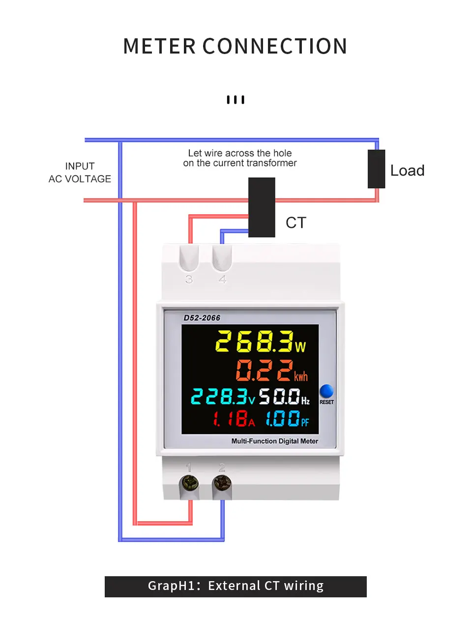 D52-2066 Energiezähler, DIN-Schiene, Stromverbrauchsmonitor, AC 40–300 V, 100 A, Voltmeter, Amperemeter, Watt kWh, Frequenzleistungsmesser – Detail 7