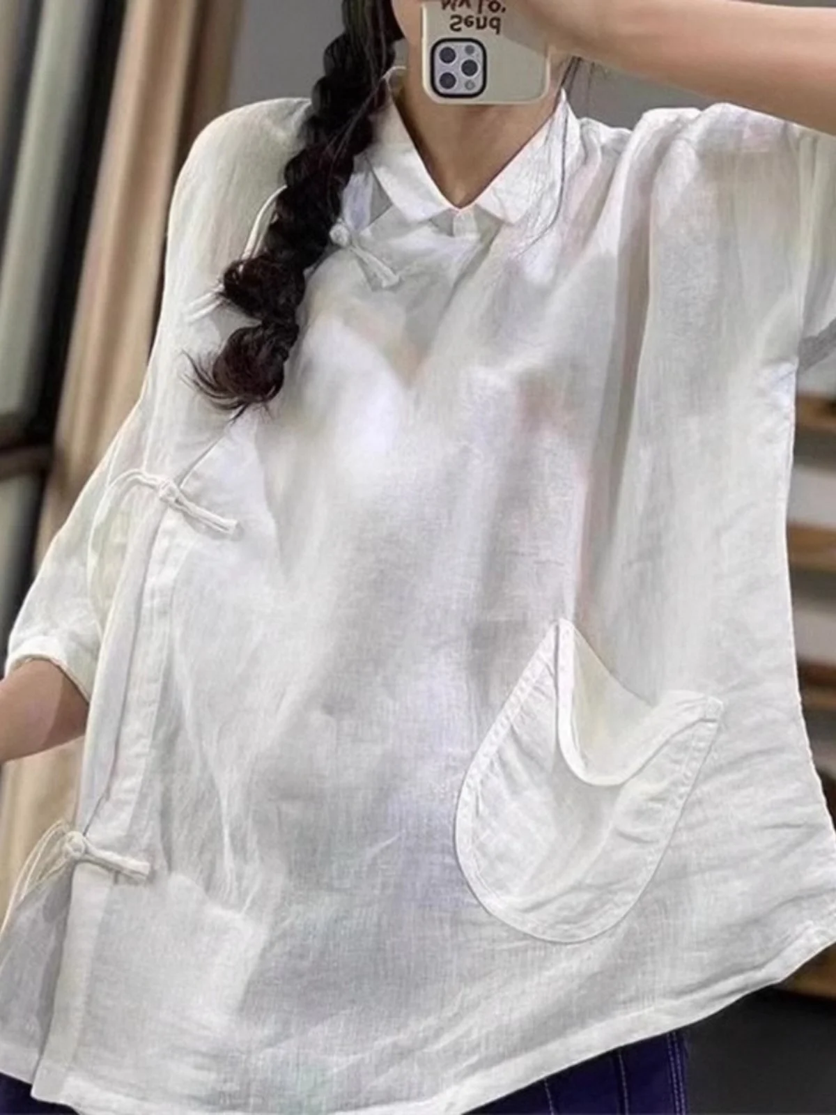 New Chinese Style Women's Thin Cotton Linen Shirt Summer National Style Oblique Collar Button Tassel Tea Costume Linen Seven ...