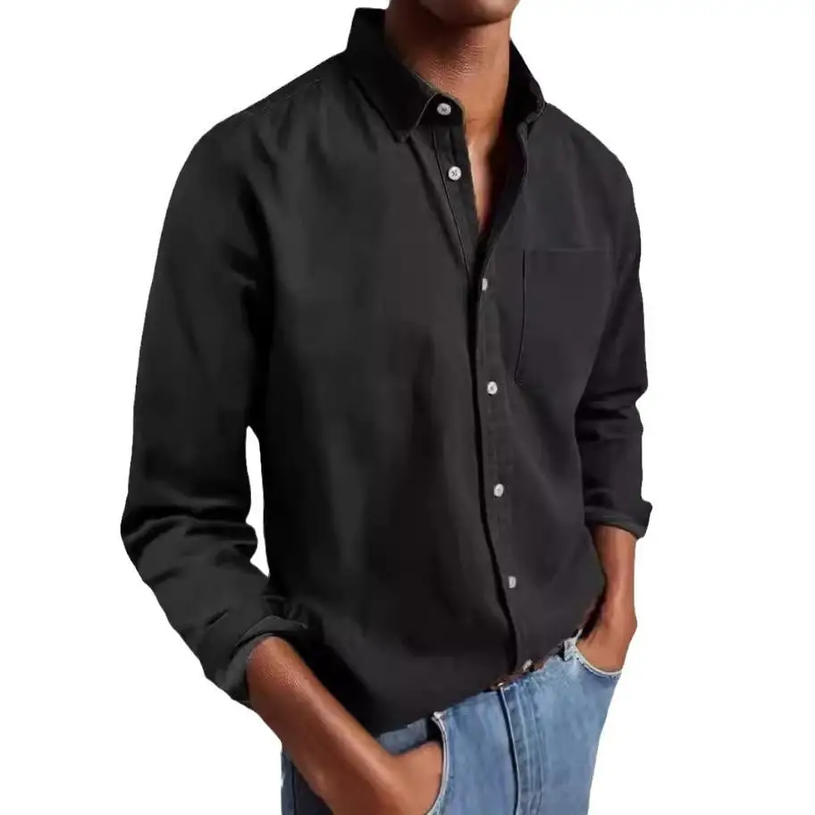 남성용 긴 소매 칼라 셔츠 폴리에스테르 섬유 포켓 디자인 유럽 스타일 단색 캐주얼웨어 젊은 남성과 여성용