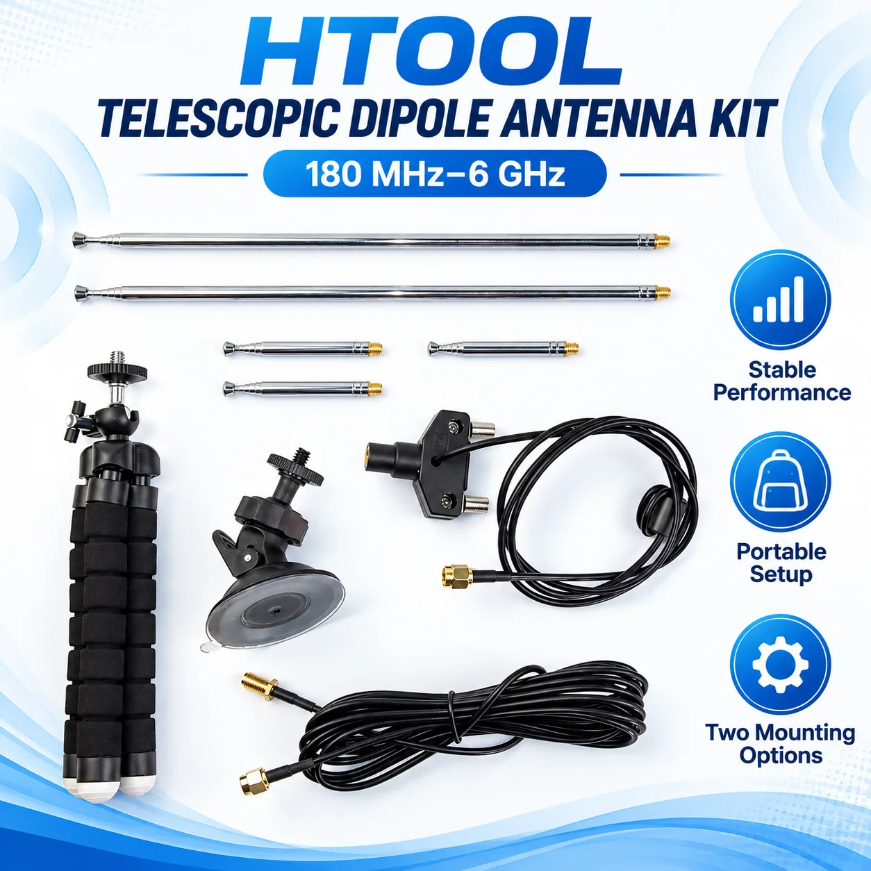 HTOOL TD1806 Portable Wideband Telescopic Dipole Antenna Kit, 180 MHz to 6 GHz Coverage, with Mini Tripod and Suction Cup Mount