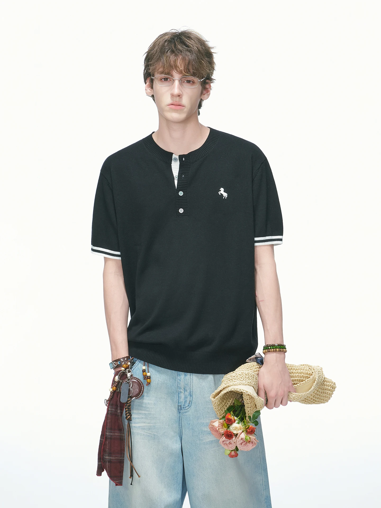 Dream Made Knitted Short Sleeve T-Shirt Men's Summer New Year  Embroidery Loose Fit Breathable Youth Fashion Commute Style