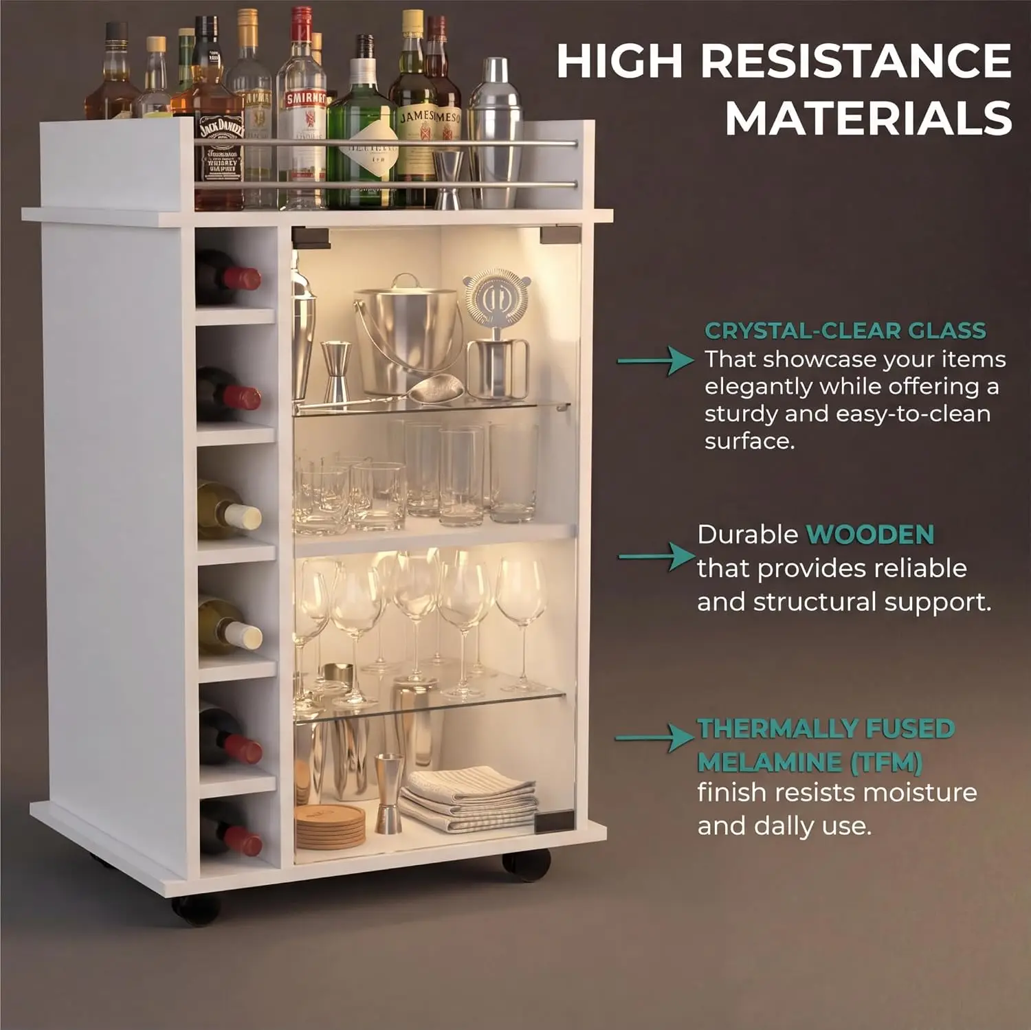 Bar Cart with Glass Door, 6 Wine Slots & Serving Shelf with Rail, Rolling Bar Cabinet, 21.6 x 16.3 x 35 in, White, Customized image 5