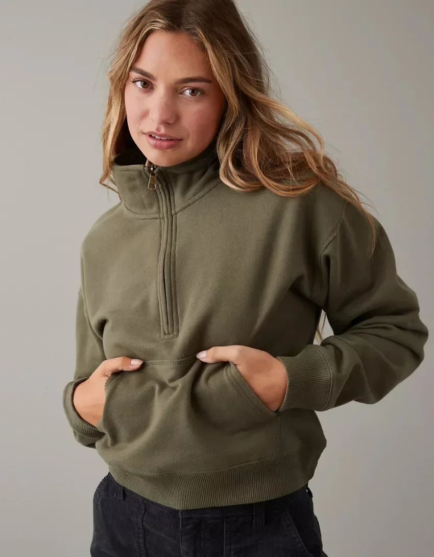 Women's Korean Half Zip Hoodie, Loose Hoodies, Sports Short Coats, Monochromatic Pullovers, Autumn and Winter Clothing