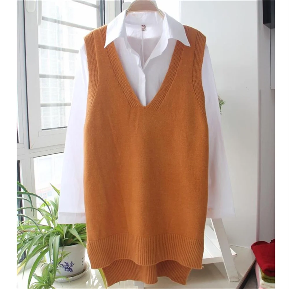 Korean Women Knitted Sweater Sleeveless College Style Women Loose Vest Ladies V-Neck Pullover Tops Female Waistcoat Pull Femme