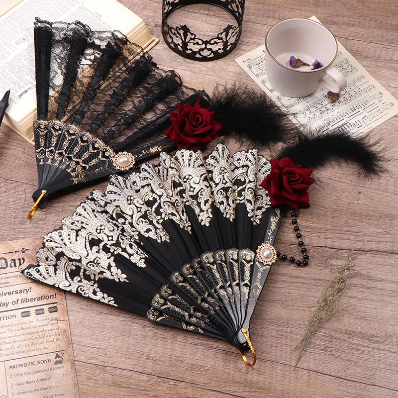 Lolita Fan Feather Rose ventaglio pieghevole stile europeo retrò placcato oro ventaglio a mano in pizzo femminile Tea Party Fans Wedding puntelli