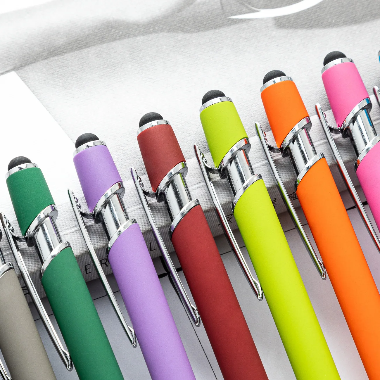 10pcs Aluminum Spray Glue Press Maggi Pen Free Logo Handwritten Capacitive Touch Screen Pen Wood Grain Ballpoint Pen Set