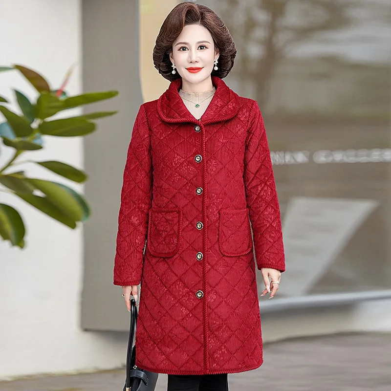 Winter Clothes Women Parkas Quilted Coat Lapel collar Hooded Oversized Jacket Middle aged woman Outerwear Long Thick Plus Coat