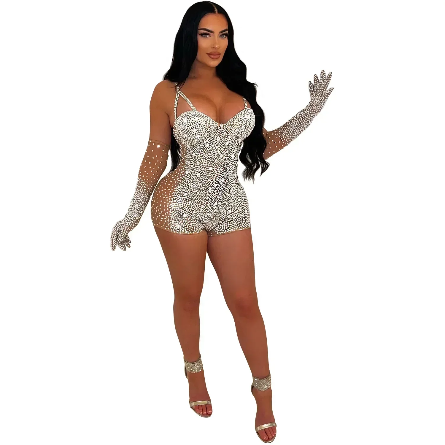 

Sexy Wrap Bust Suspenders Jumpsuit Shorts Women Back Zipper Party Rompers Fashion Shiny Diamante Decoration Backless Playsuits 4