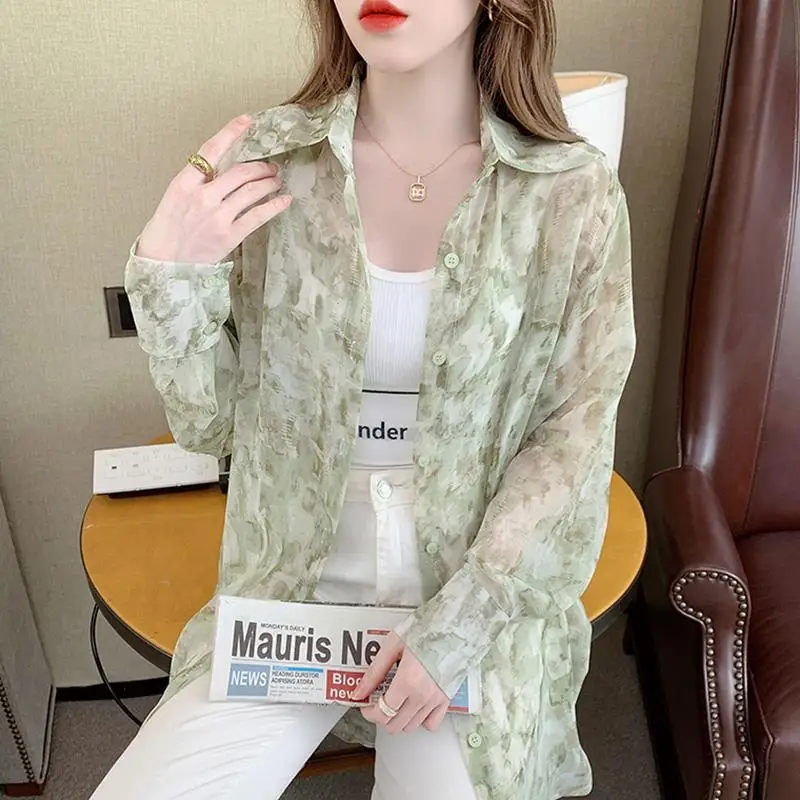 Summer Woman Clothes Long Sleeve Shirt French Romantic Fashion Style Loose Casual Tie Dye Thin Chiffon Blouse Breathable Trend