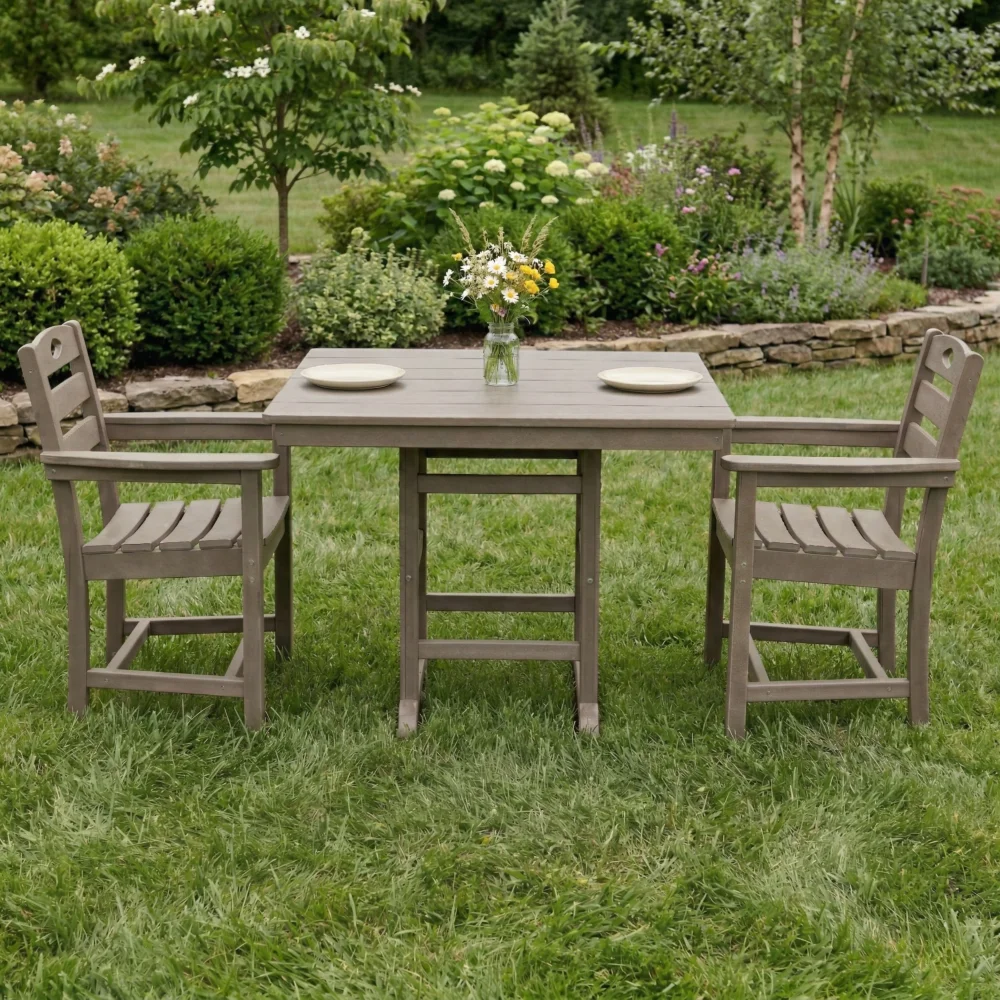 

Antique Wood Color HDPE 3-Piece Outdoor Patio Dining Set with Square Table and 2 Armchairs
