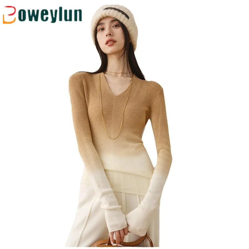 

BOWEYLUN Fashion V-neck Gradient Color Long-sleeved Knit Shirt Female Spring and Autumn Bottoming Shirt Pullover Tops For Women