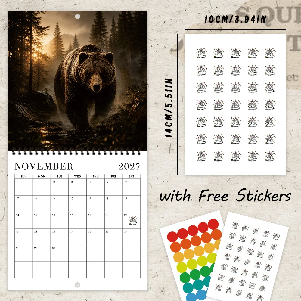 1pc 2027 Wilderness Brown Bear Wall Calendar,12‑Month Planner,Gift For Back‑to‑School,Christmas,New Year,Free Stickers Included