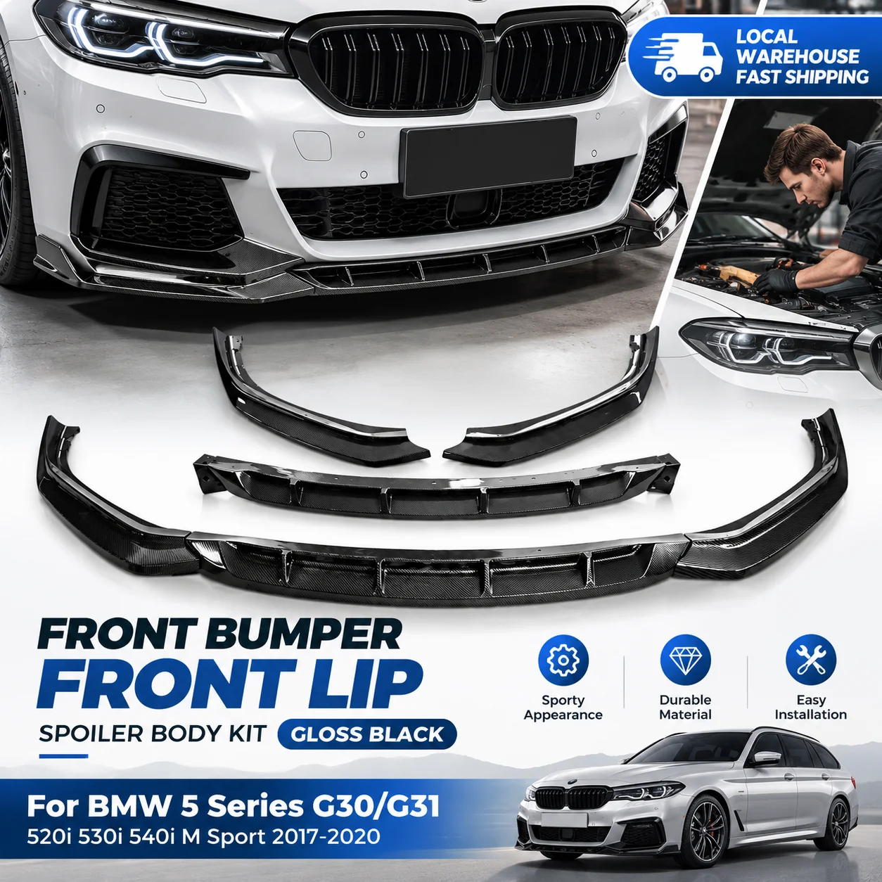 Frontstoßstangenlippe für BMW 5er G30/G31 520i 530i 540i M Sport 2017-2020, Spoiler-Bodykit, glänzend schwarz