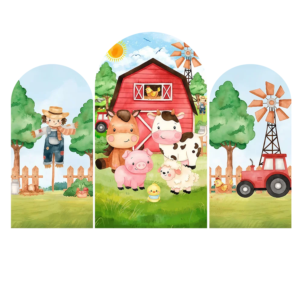 Couverture d'arc de grange de ferme, arrière-plan de photographie pour réception-cadeau pour bébé, moulin à vent, tracteur, arrière-plan d'animaux, bannière de fête d'anniversaire personnalisée