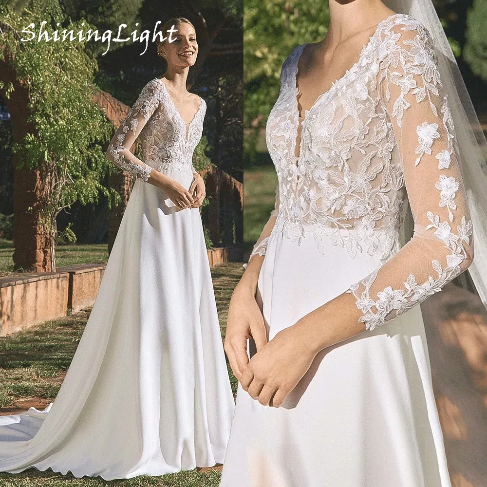 

ShiningLight Boho Lace Chiffon Wedding Dress V-Neck Backless Long Sleeves A-Line Bride Gowns Vestidos De Novia Customized
