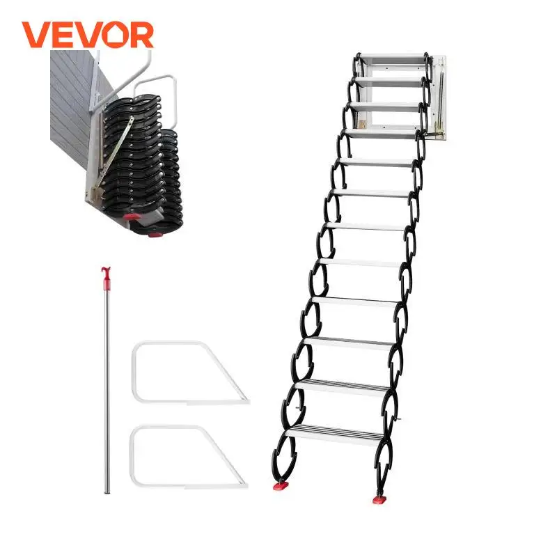 VEVOR 12 - Steps Retractable Folding Loft Wall Ladder Attic Steps Pull Down Stairs Black Red Blue for Garages Warehouses Shops