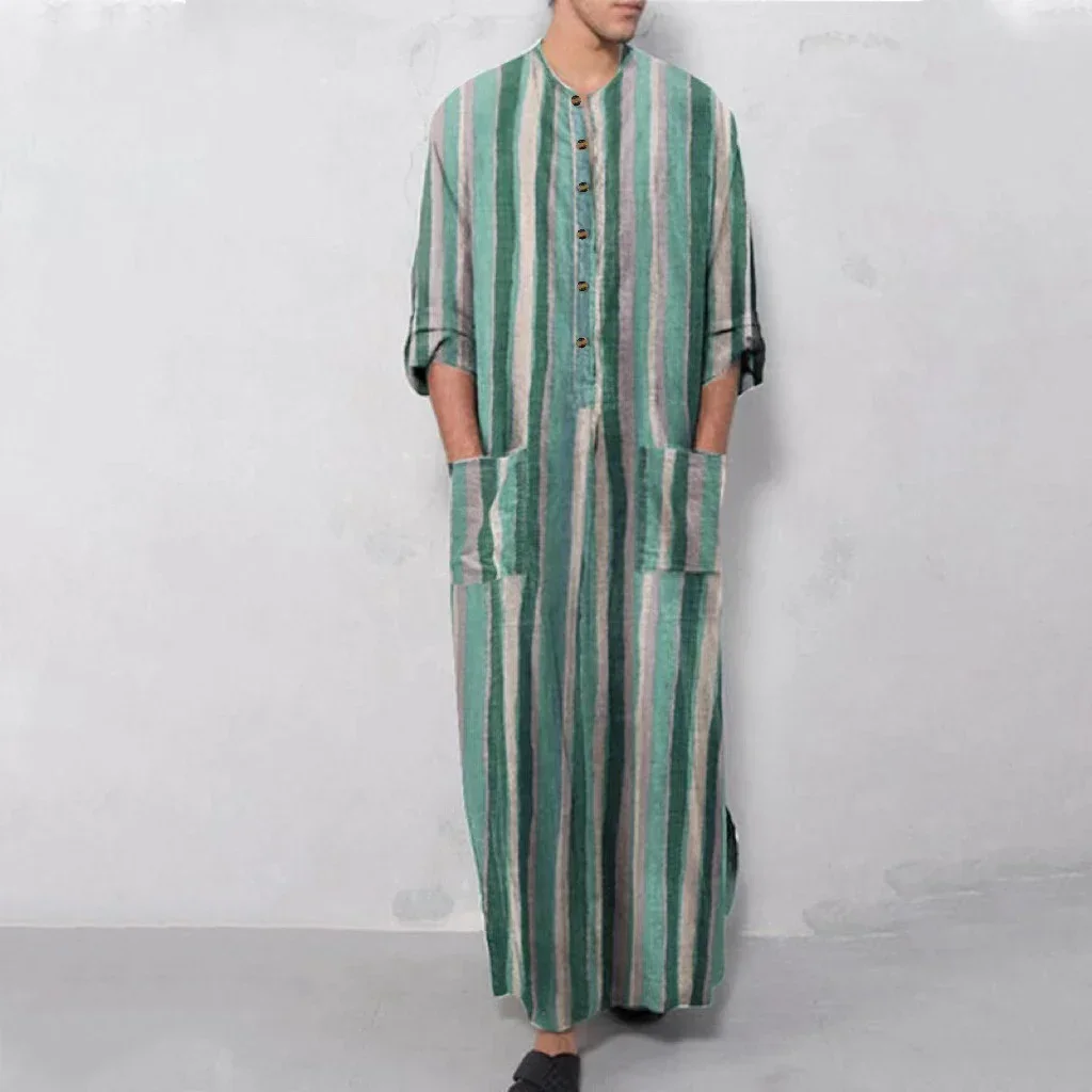 Camicia da uomo a righe arabe Camicia da notte Vestaglie Abbigliamento etnico Maniche lunghe Kimono retrò Gonna da casa Accappatoio in cotone Lingerie
