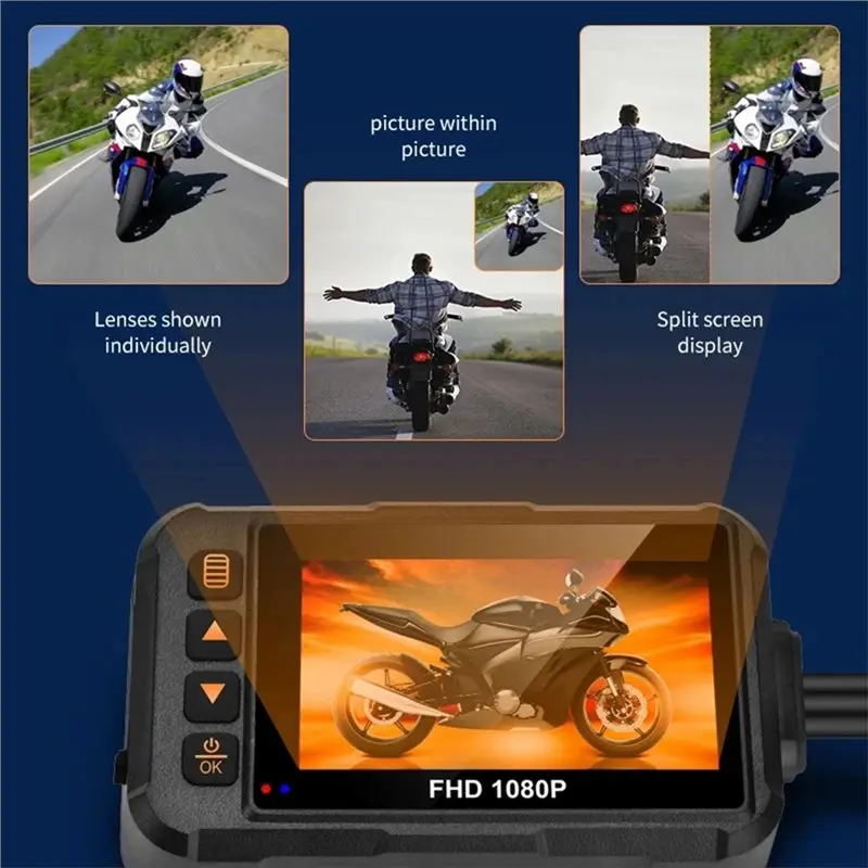 Y47A Waterproof Motorcycle Dashcam DVR 720P Front & Rear 480P Camera Video Loop Recording Black Night Vision 3 Inch Dual Lens