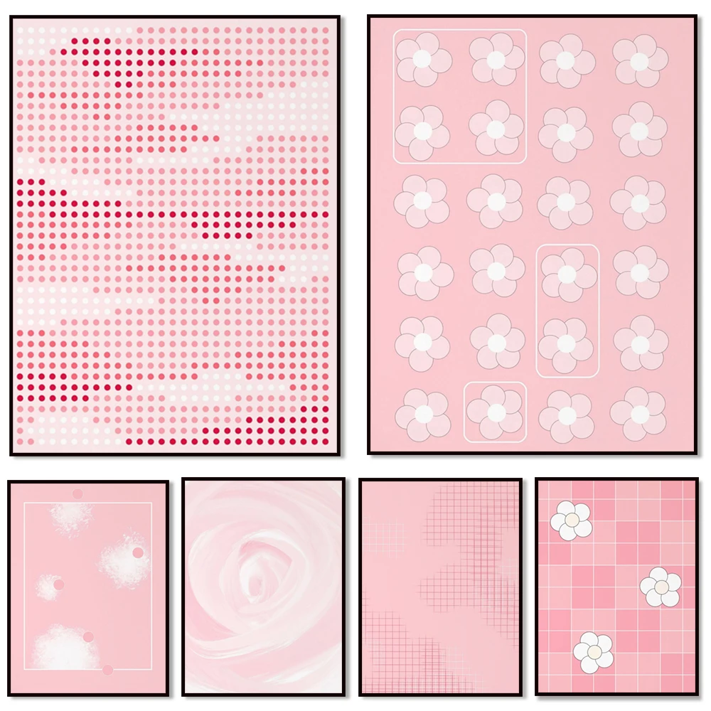Pink Japanese floral sakura aesthetic poster, pastel pink grid, geometric lines, spring blush pink flowers aesthetic poster