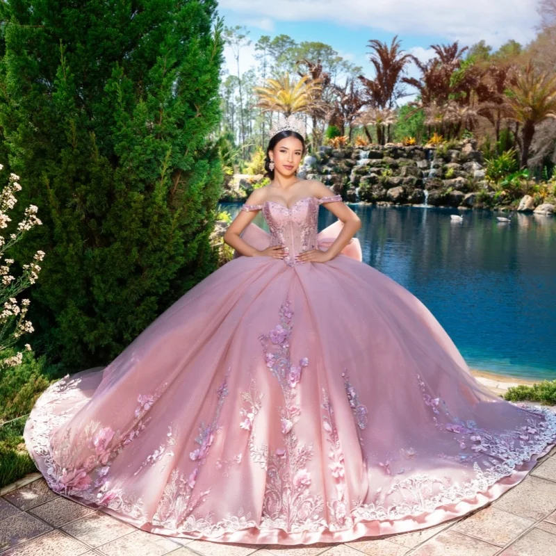 

Pink Quinceanera Dresses Off the Shoulder Crystal Sequins Decal 3D Flower Long tail Bow Vestidoe 15 Quinceanera Customize