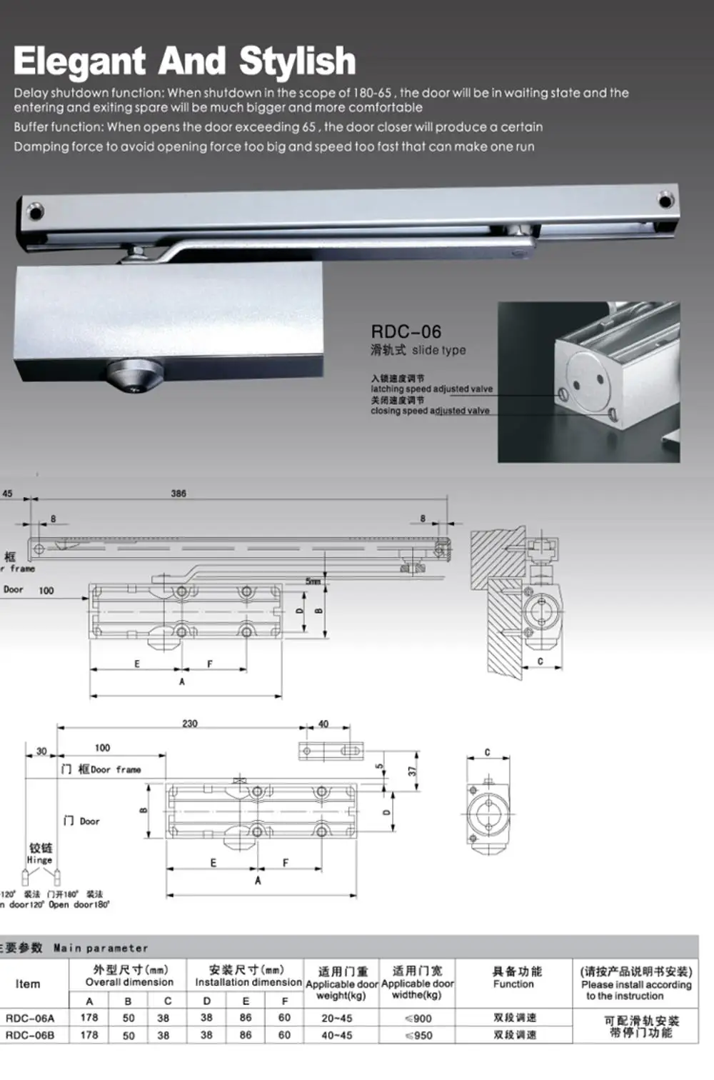 Cierrapuertas hidráulico de aluminio de estilo elegante con brazo paralelo