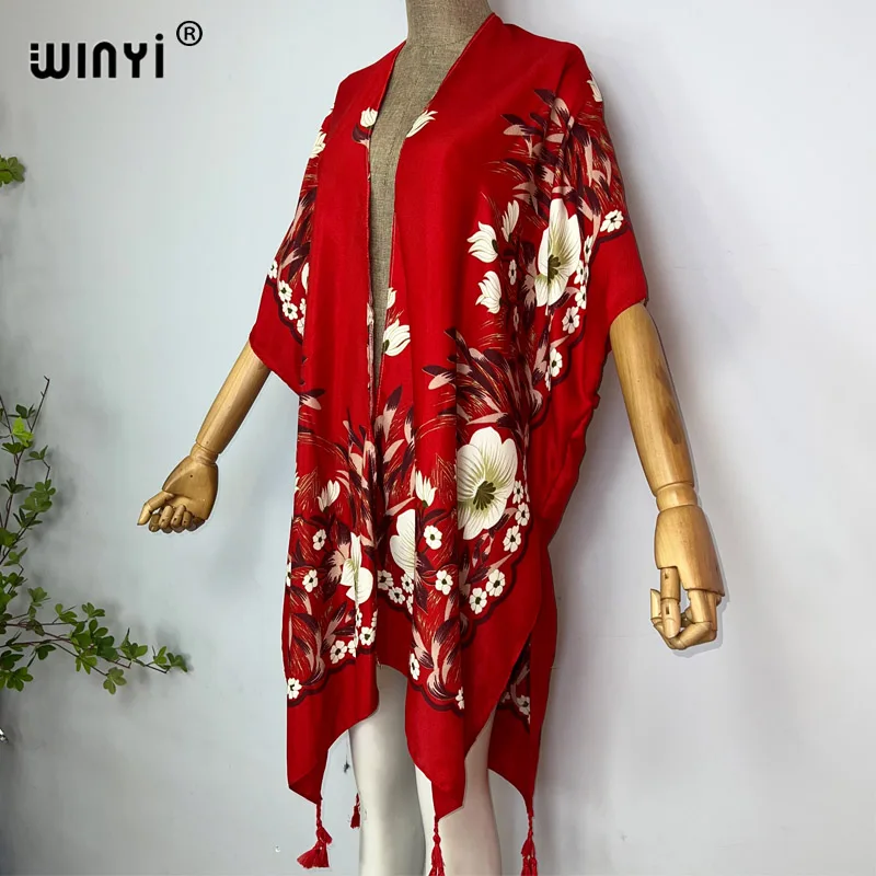 2023 Africa WINYI Plaid printing sweet lady beach Bohemian Cardigan Cover-up stitch Casual Boho Maxi Holiday party short kimono