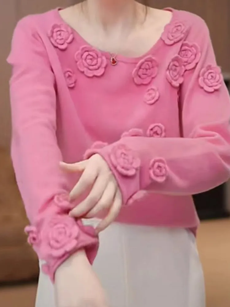 

Slimming Long Sve Knitted Sweater Ne Design 3D Flower Pattern Color Casual Korean Sle Pure Color Top Versatile