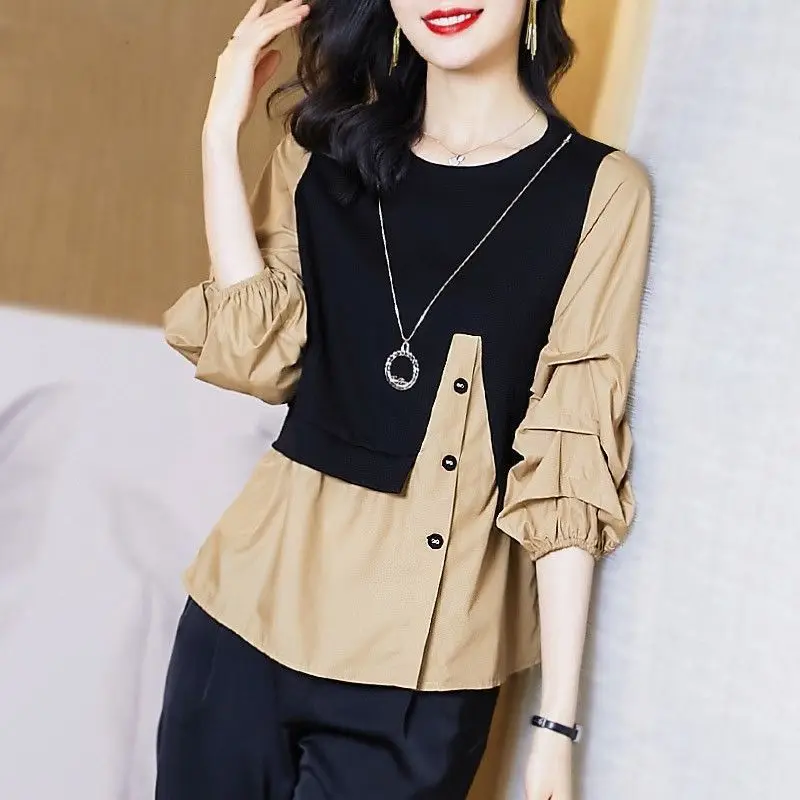 Fashion Button Spliced Irregular Fake Two Pieces Blouse Women\'s Clothing 2022 Autumn New Oversized Casual Pullovers Korean Shirt