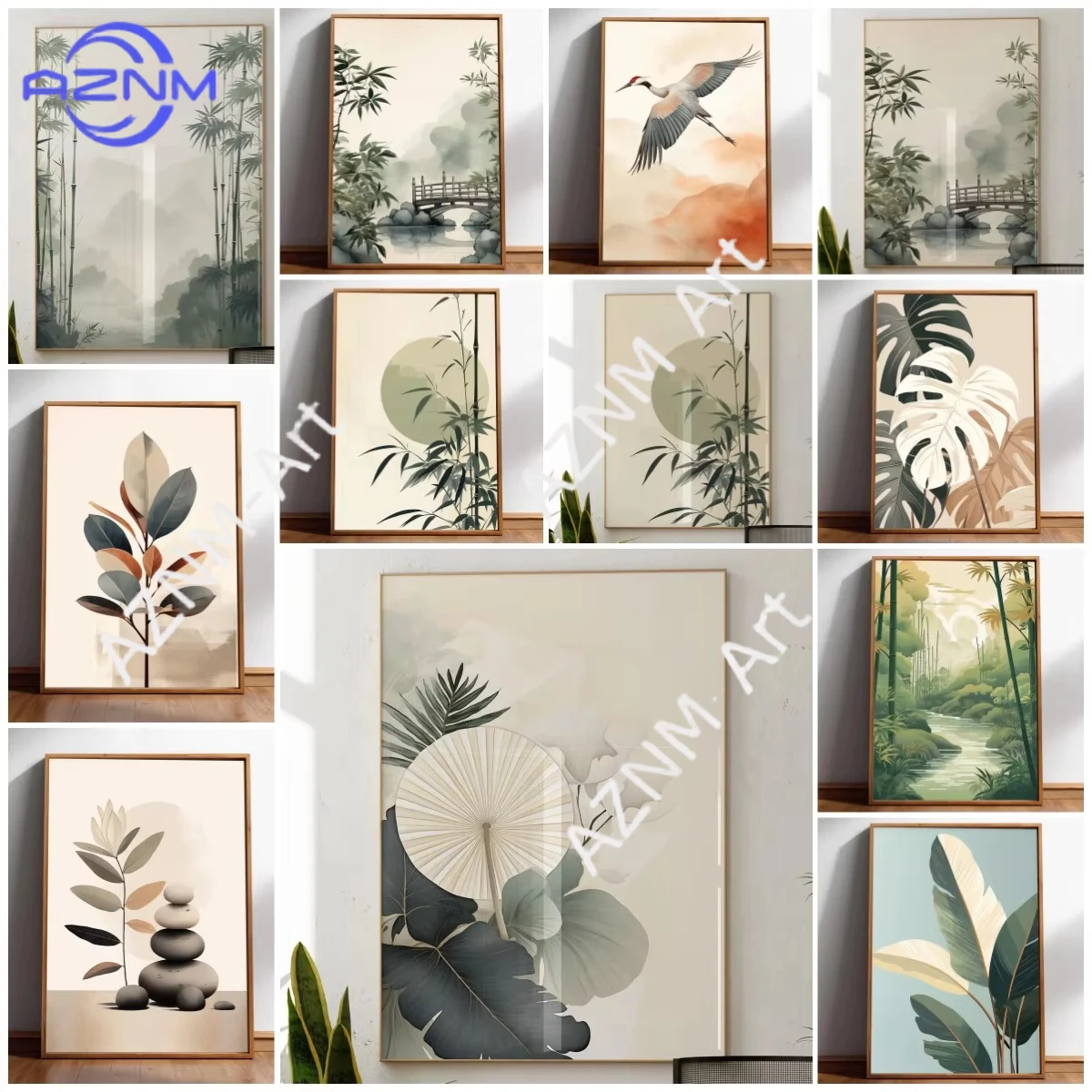 1 Stück, Wandkunst, minimalistischer botanischer, minimalistischer japanischer Bambuswald-Kranich-Naturdruck: Zen Stream, Druck in neutralen Farbtönen