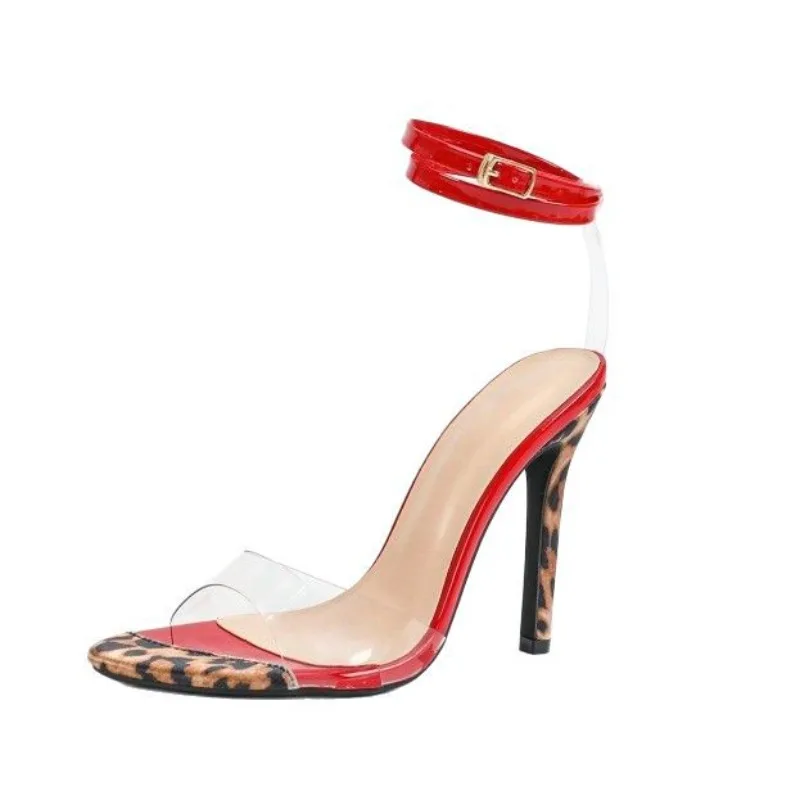 2026 Sexy Leopard‑Print High Heels Transparent Sandals Fashion Red Patent Leather Ankle Strap Women's Party Stripper Shoes view 5