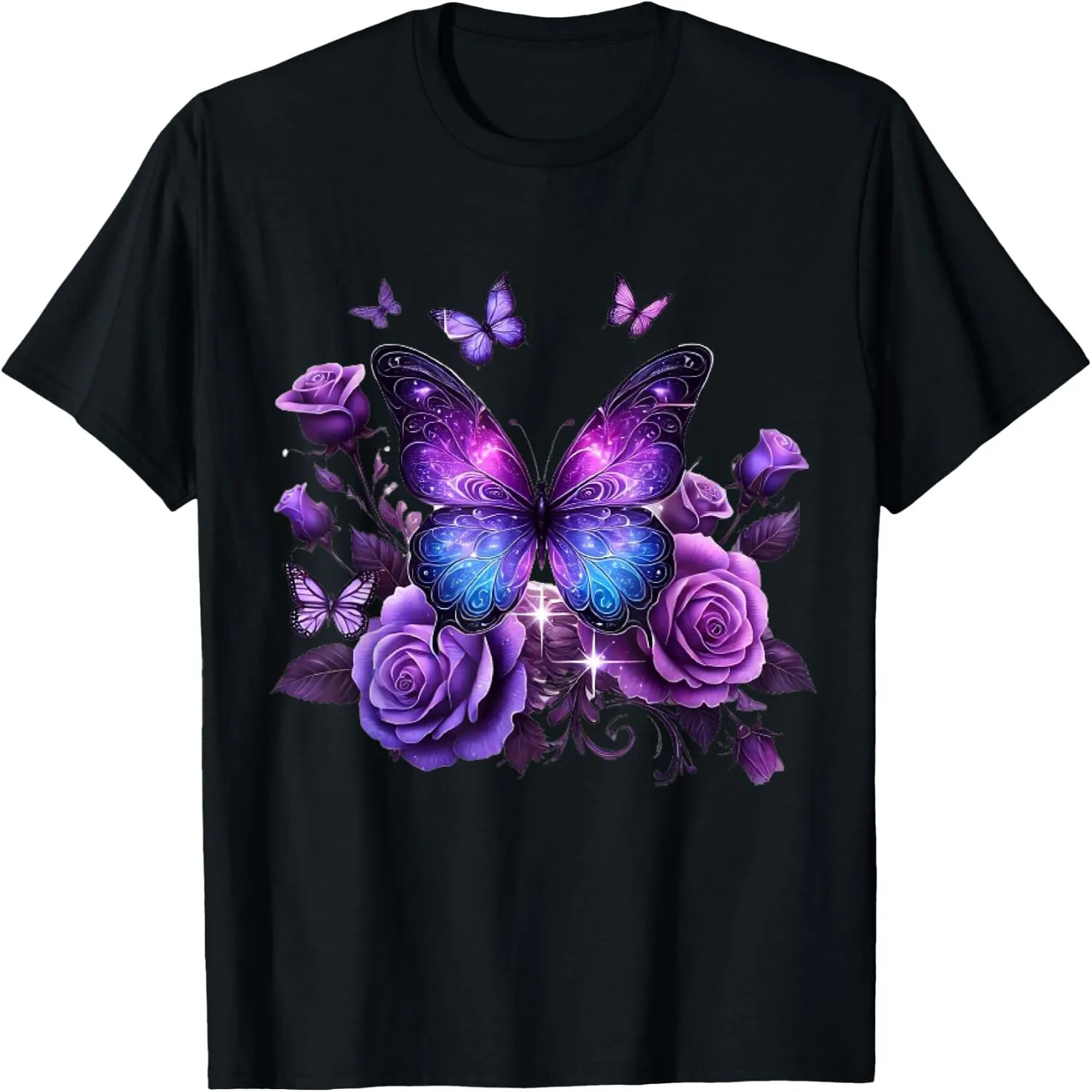 Magical Purple Roses And Glowing Butterfly Floral Graphic T-Shirt