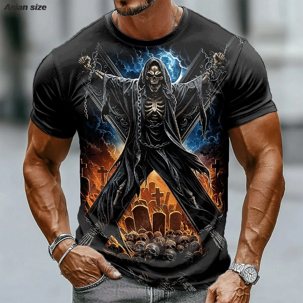 Men's Short Sleeve T-shirt 3D Print Grim Reaper Skeleton In Fire Cemetery Graphic Casual Tops