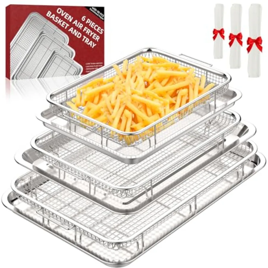 

Air fryer basket set for kitchen use, stainless steel non-stick, silver, includes 3 sizes and 90 parchment papers