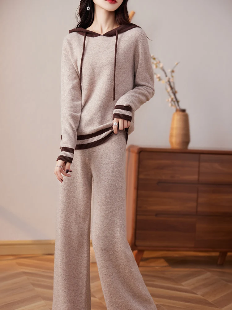 Fashion Suit 2023 Autumn Winter New 100% Wool Knitted Sweater Women Tops And Wide Leg Pants Two-Piece Female Suits