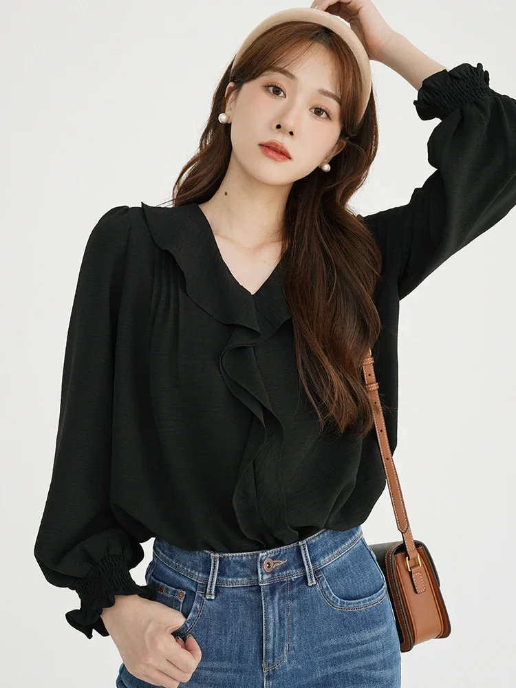 Women French-style Chic Shirts Solid Color Ruffled V-neck Long Sleeved Woman Versatile Shirt Commuting Perfect for Spring Autumn