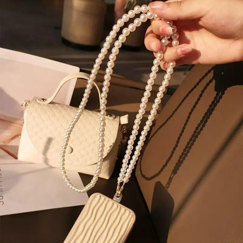 Lange Handy-Umhängetaschenkette mit Perlenbesatz, universelle Schnallenklammer – Detail 10