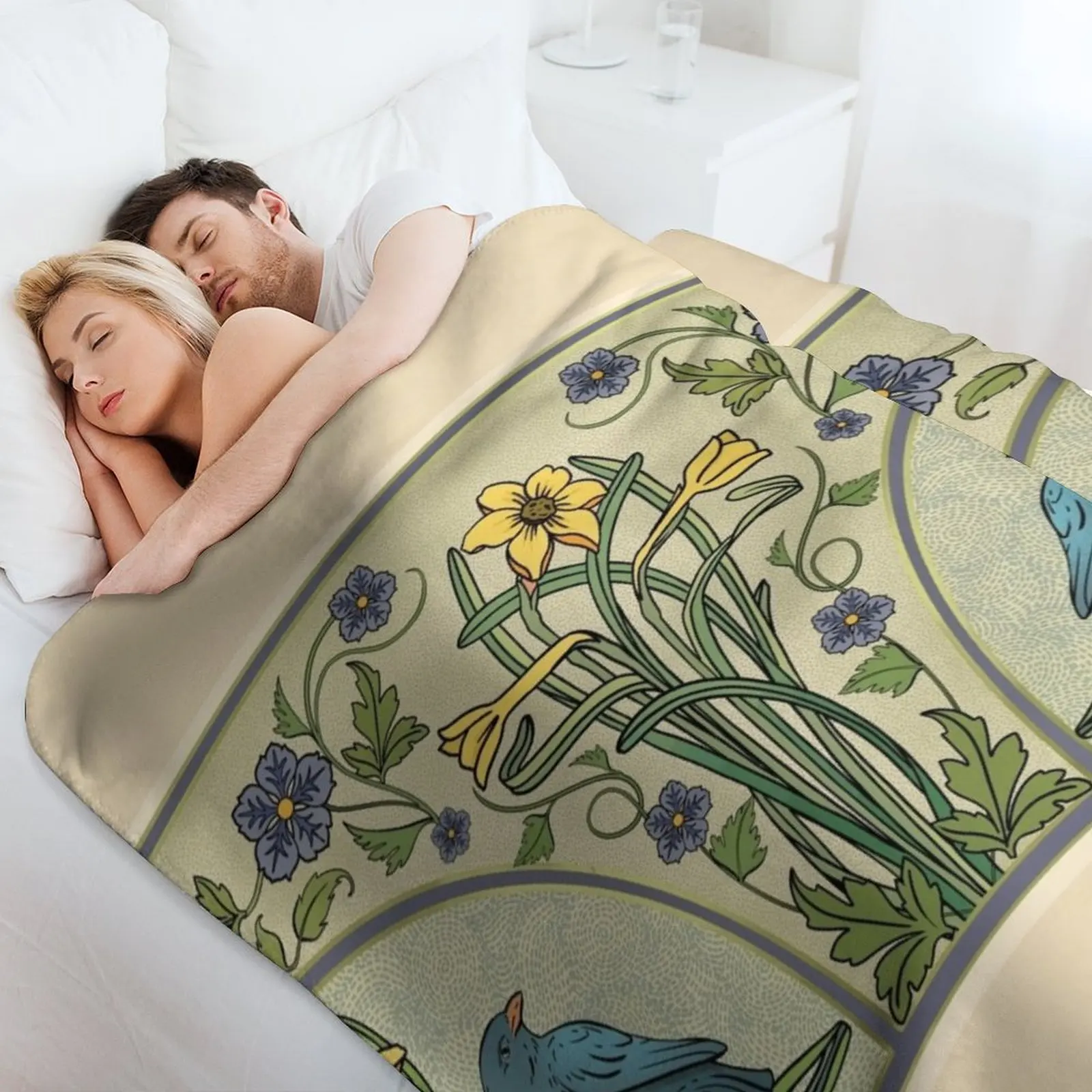 Bluebirds And Spring Blossoms Inspired By Art Nouveau Throw Blanket Flannels Luxury Comforter Picnic Bed Blankets 4