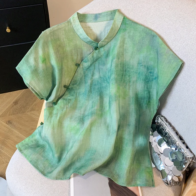 

Green Short Sleeve Chesongam Top Cotton Line Qipao Shirt Women Summer Autumn New Mandarin Collar Chinese Style Top Blouse