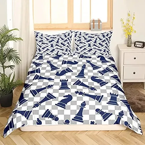 

International Chess Duvet Cover Set Black White Lattice Checkerboard Comforter Cover Competition Game for Kids Teens Bedding Set