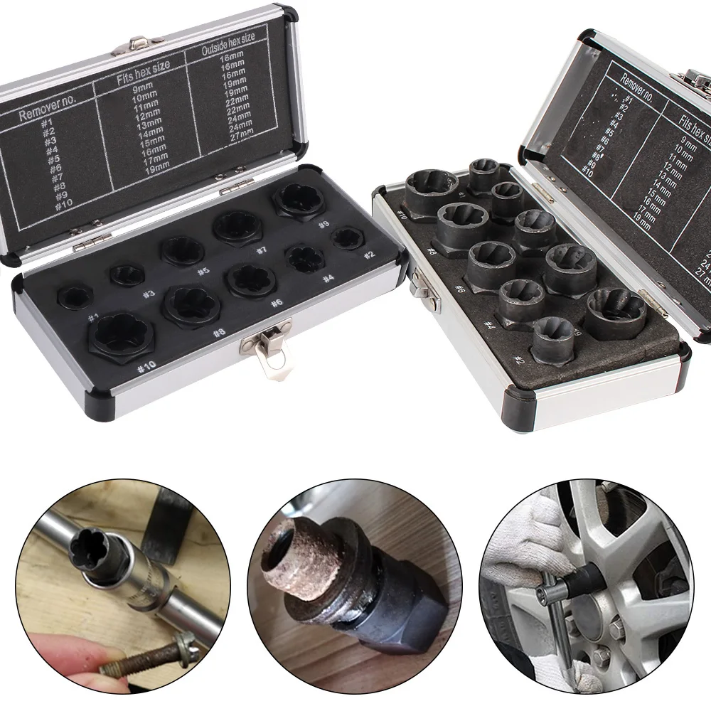 Bolt Nut Removal Socket Tool 10pcs/Set Bolt Nut Remover Car Tool Kit Damaged Screw Extractor Hand Tools Kit