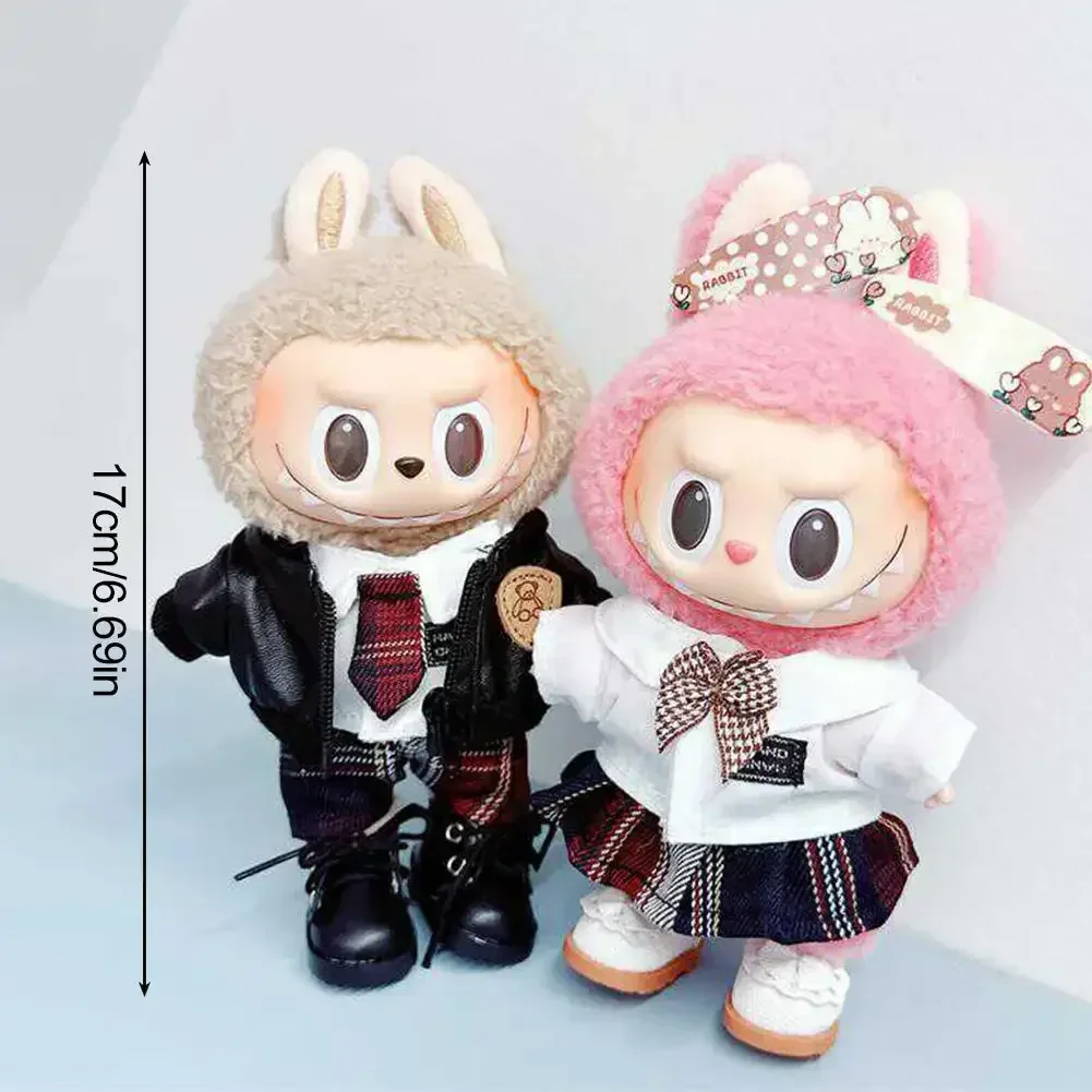 Mini Plush Doll Clothes, Outfit Acessórios para Coréia Kpop Exo Labubu Idol Dolls, Conjunto De Jaqueta De Couro, Presente, 17cm