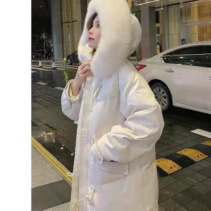 Artificial And Real Fur Hooded Down Jacket Women\'s Long Thickened Winter Coat Korean Horn Buckle Temperamental Big Pocket Parka